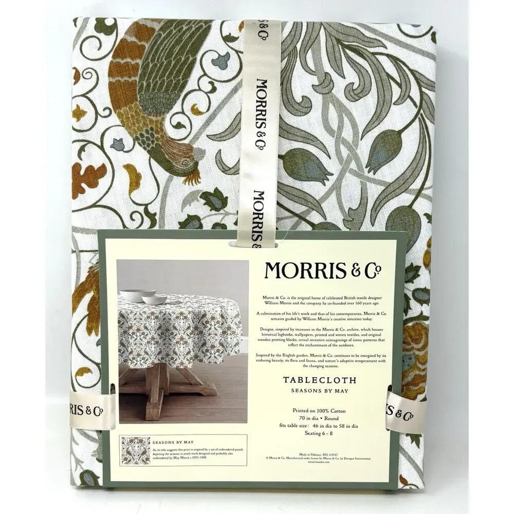 William Morris & Co Seasons by May Round Tablecloth 70” In. Birds Fall Colors